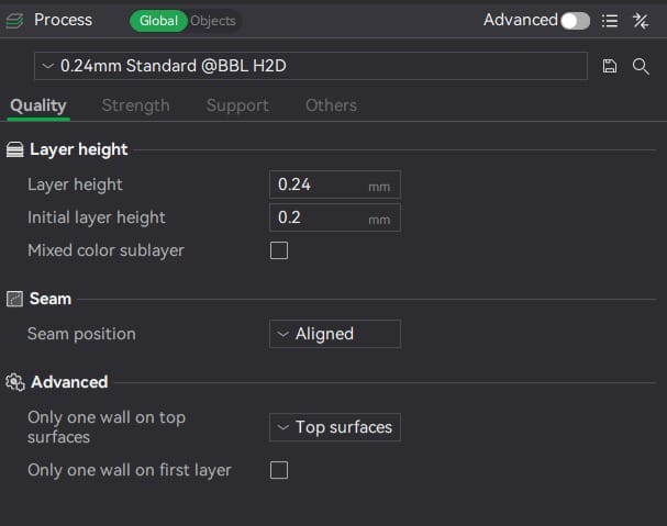 Bambu Studio Quality tab with layer-height and initial-layer-height settings
