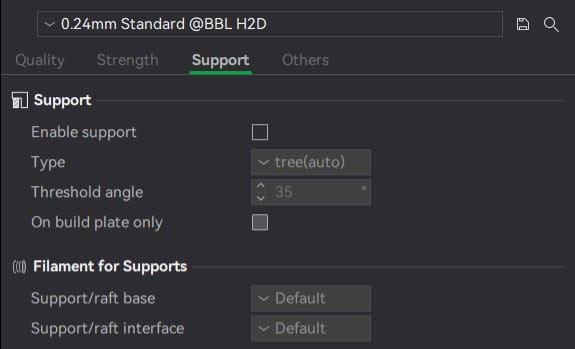 Bambu Studio Support tab with Enable support, type and build-plate-only settings