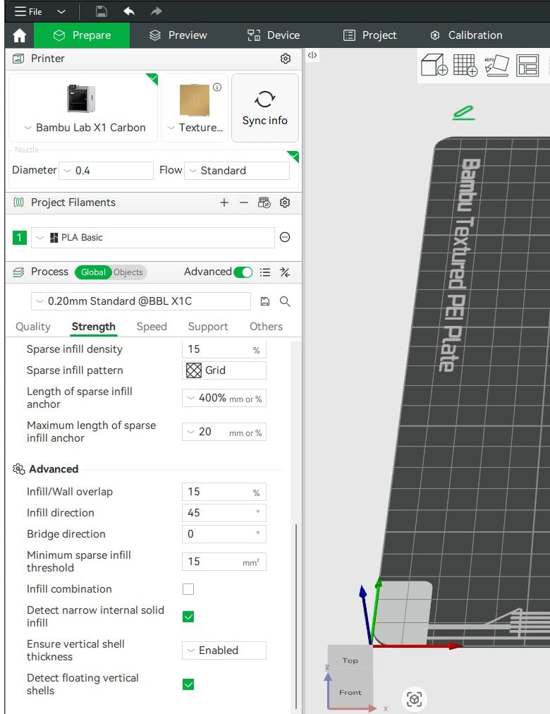 Bambu Studio showing Walls, top shells and infill settings