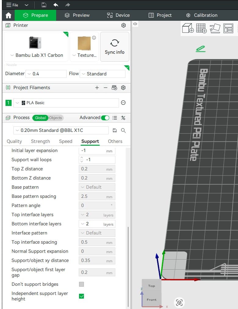 Bambu Studio showing Supports and overhangs settings