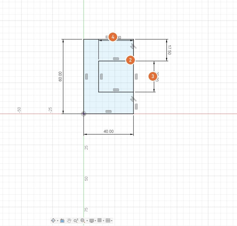 Second rectangle: the desk slot, 28 by 25