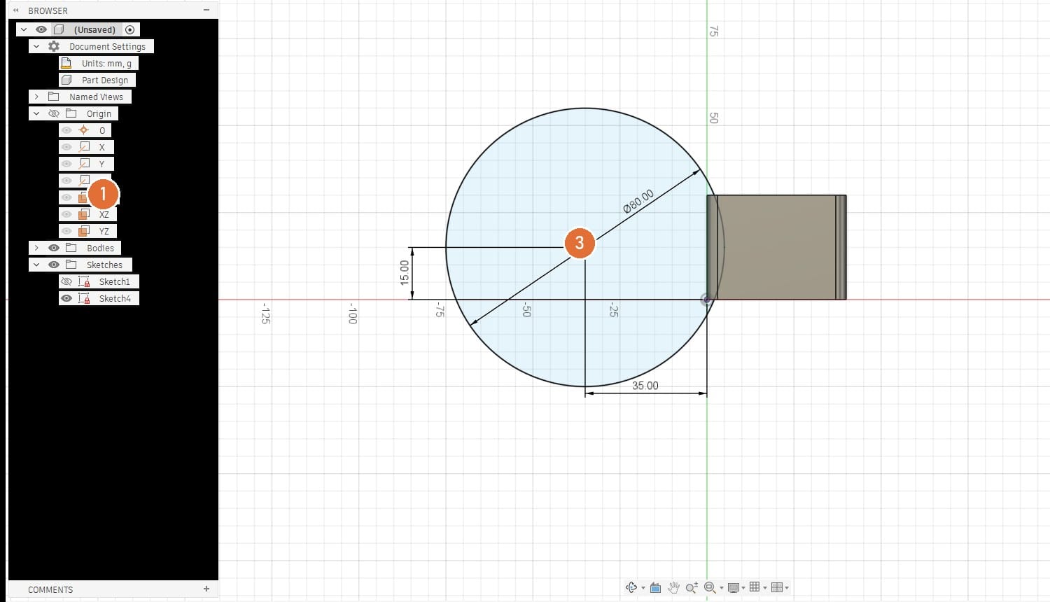 Sketch on the XY plane: an 80 mm circle