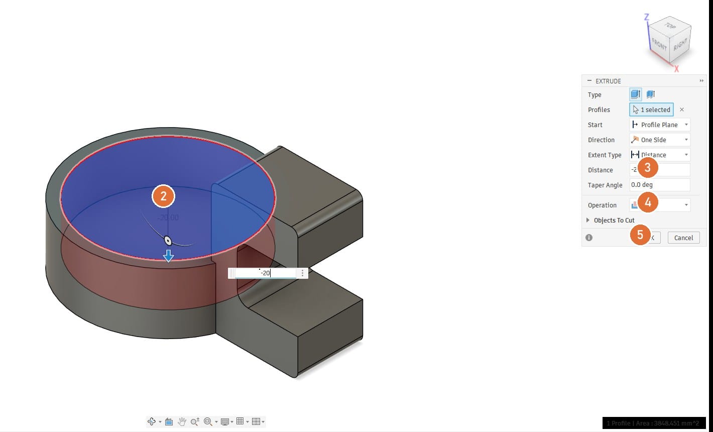 Extrude -20 mm: Cut