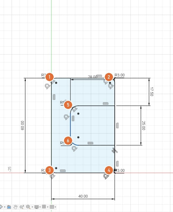 Four outside corners at 3 mm, two slot corners at 1 mm