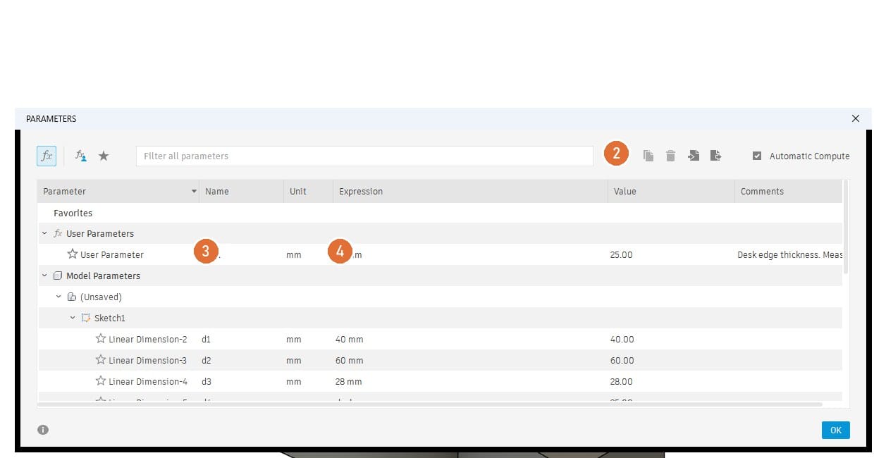 Change Parameters: a user parameter called desk