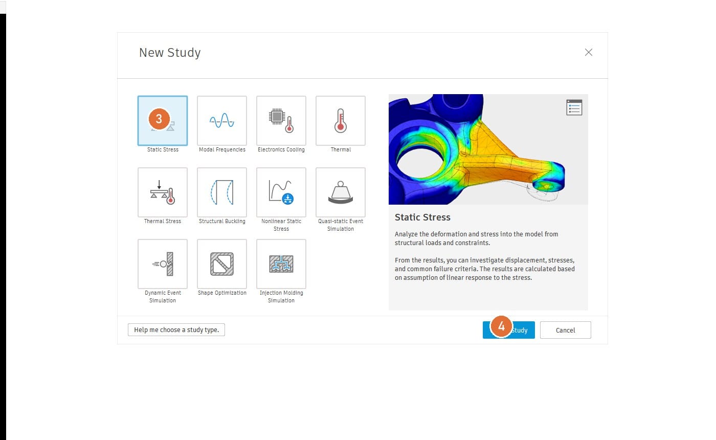 SIMULATION workspace, New Study, Static Stress