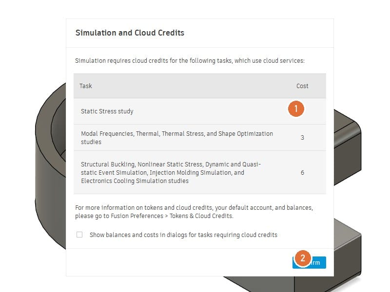 Simulation and Cloud Credits dialog
