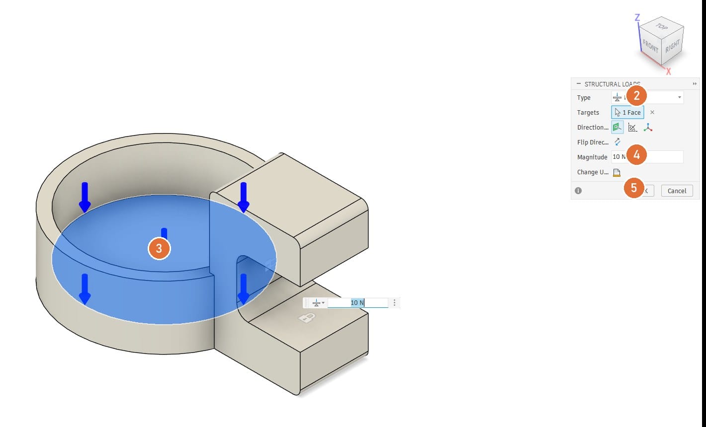 Load: 10 N downwards on the cup floor