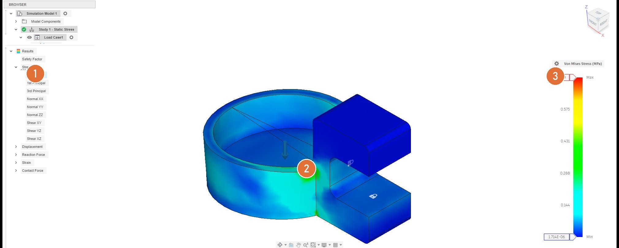 Result: von Mises stress, maximum 0.72 MPa