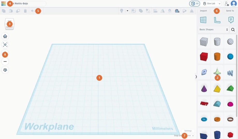 The Tinkercad screen with its eight main parts numbered