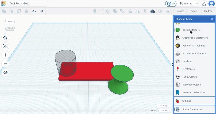 The Tinkercad shape library dropdown open, showing every shape category