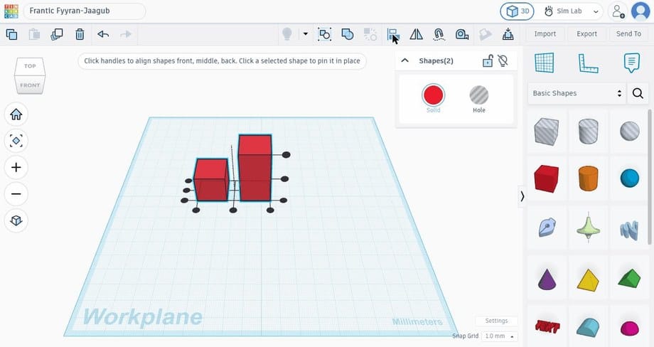 Two boxes selected with the Align tool's row of dots for lining them up