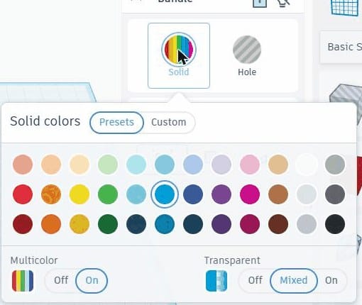 The Solid colour panel, with presets, a Custom tab, and Multicolor and Transparent toggles
