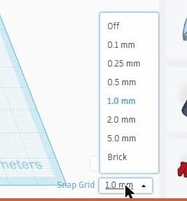 The Snap Grid dropdown open, showing Off, several millimetre spacings, and Brick