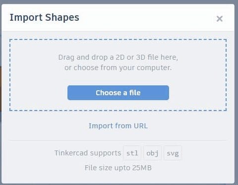 The Import Shapes dialog, accepting STL, OBJ and SVG files up to 25MB