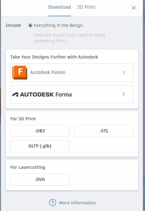The Export dialog, with OBJ, STL and GLTF for 3D printing and SVG for lasercutting